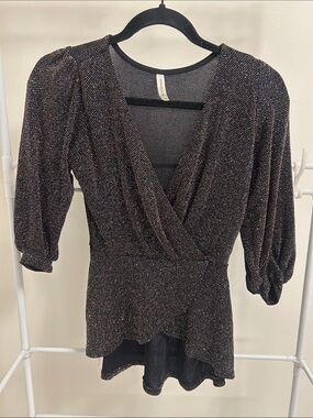 Chocolate Metallic Black Wrap Peplum Blouse